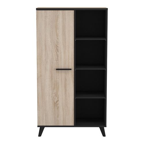 Vitrine 1 Porte + 4 Niches - Décor Chene Et Noir - L 83 X P 39,2 X H 153,9 Cm - Wayne