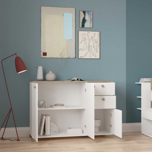 Buffet 2+1 Portes 2 Tiroirs Izzy Blanc Et Bois