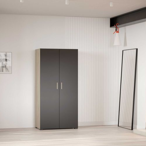 Armoire Liva 2 Portes Tournantes, 1 Tringle Et 2 Étagères-chêne Kronberg/noir Mat