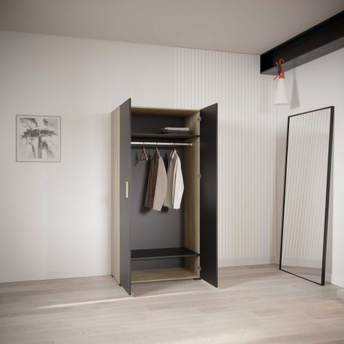 Armoire Liva 2 Portes Tournantes, 1 Tringle Et 2 Étagères-chêne Kronberg/noir Mat