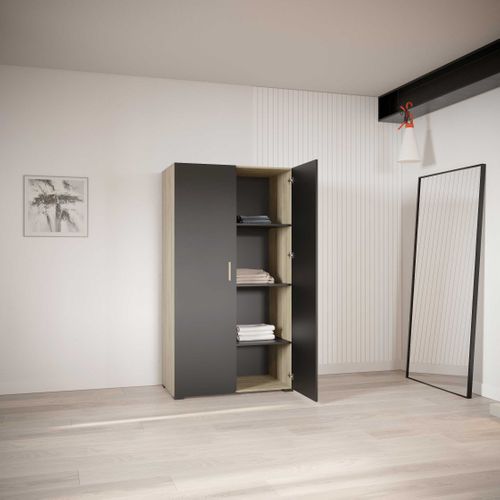 Armoire 2 Portes Penderie + Lingère Izzy Noir Et Bois