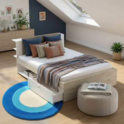 Lit 140x190 cm LISE imitation chêne et blanc