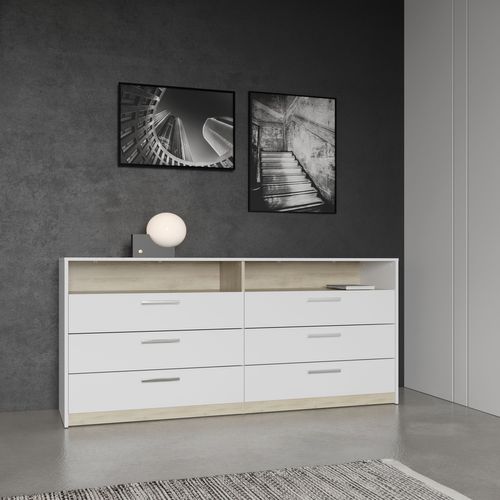 Commode - Watson - 6 Tiroirs - Chene Kronberg / Blanc Mat - 162,7 X 39,5 X 81,1 Cm -