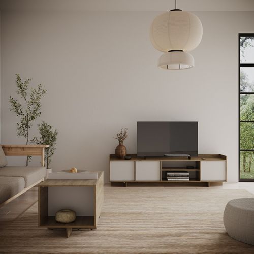 Meuble TV 3 Portes 1 Niche Décor Chêne Royal Et Blanc L183 Cm