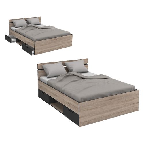 Lit 140x190 cm avec rangements tiroirs MICHIGAN imitation chêne et noir