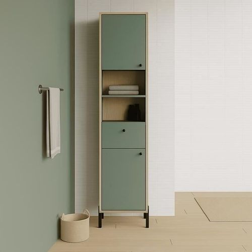Colonne De Salle De Bain - 2 Portes - 1 Tiroir - L38,8 X P33,1 X H201,5cm - Vert Et Chene - Demeyer