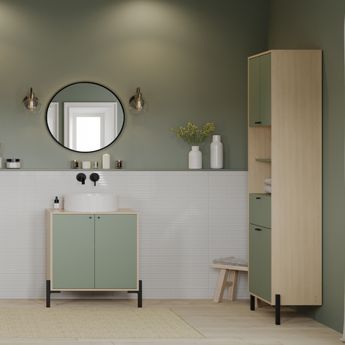 Colonne De Salle De Bain - 2 Portes - 1 Tiroir - L38,8 X P33,1 X H201,5cm - Vert Et Chene - Demeyer