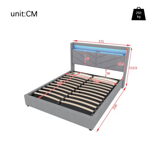 Lit Coffre 160x200 Cm Lit Adulte Avec USB, LED Et Système Stéréo, Lin, Gris