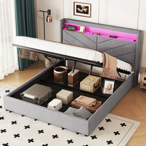 Lit Coffre 160x200 Cm Lit Adulte Avec USB, LED Et Système Stéréo, Lin, Gris