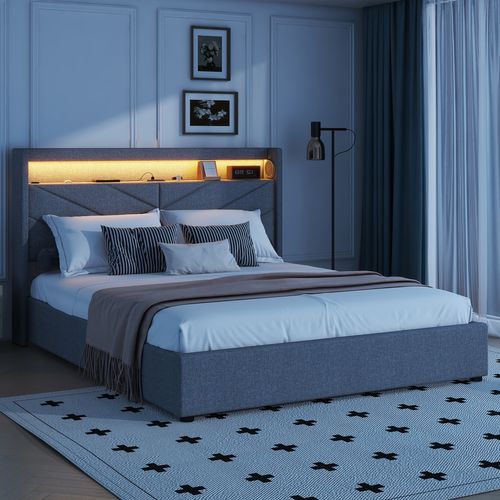 Lit Coffre 160x200 Cm Lit Adulte Avec USB, LED Et Système Stéréo, Lin, Gris