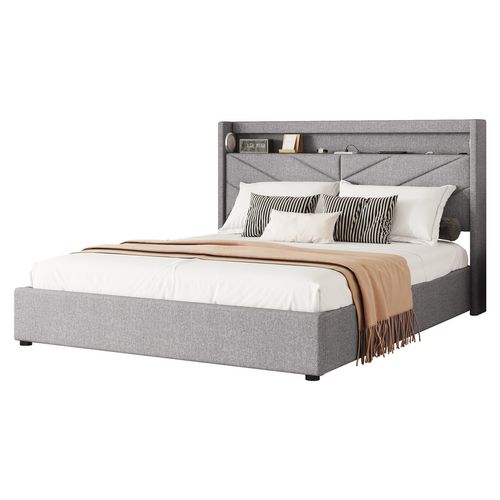 Lit Coffre 160x200 Cm Lit Adulte Avec USB, LED Et Système Stéréo, Lin, Gris