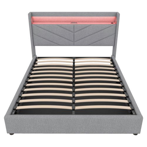 Lit Coffre 160x200 Cm Lit Adulte Avec USB, LED Et Système Stéréo, Lin, Gris