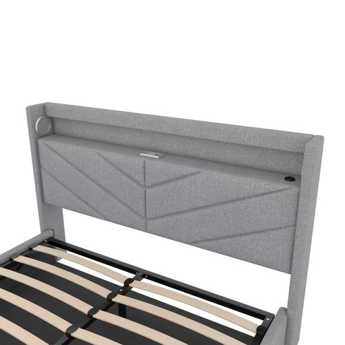 Lit Coffre 160x200 Cm Lit Adulte Avec USB, LED Et Système Stéréo, Lin, Gris
