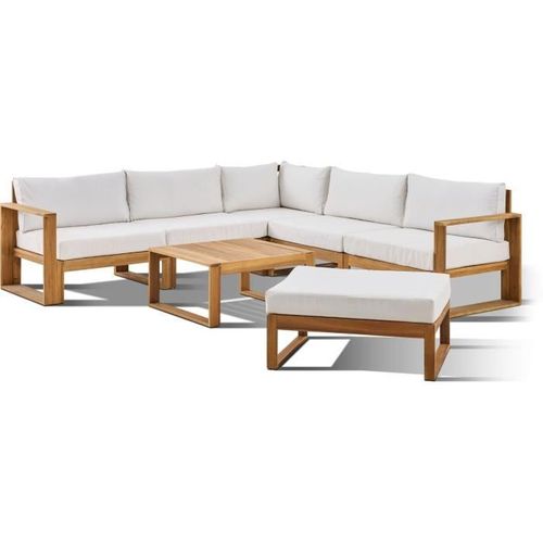 Salon De Jardin D'angle Modulable - Bois D'acacia - 7 Personnes - Levata XL - Blanc Cassé + Housse
