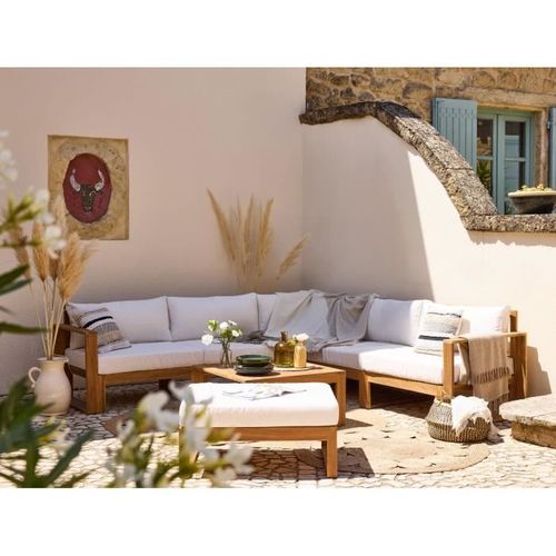 Salon De Jardin D'angle Modulable - Bois D'acacia - 7 Personnes - Levata XL - Blanc Cassé + Housse