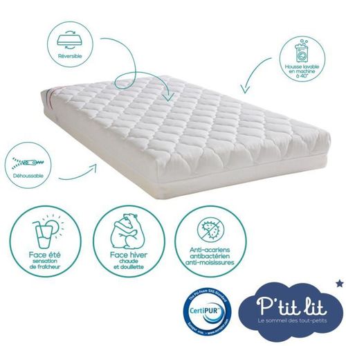 Matelas Bébé Climatisé - 60x120x10 Cm - Reversible - Déhoussable - Anti Acarien - Fabrication França
