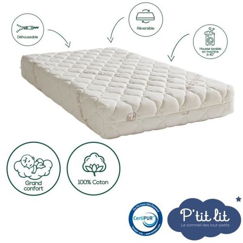Matelas Bébé Coton Bio - 60x120x10 Cm - 100% Coton - Déhoussable - Sans Traitement Chimique