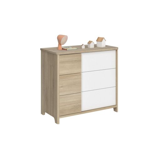 Commode 3 Tiroirs Décor Bois Et Blanc Bébé - 95 X H91cm