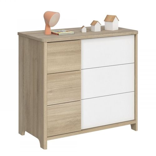 Commode 3 Tiroirs Décor Bois Et Blanc Bébé - 95 X H91cm