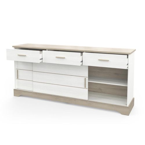 Buffet 2 Portes Coulissantes 3 Tiroirs L200 Cm - Décor Blanc Et Chêne