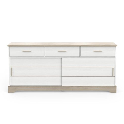 Buffet 2 Portes Coulissantes 3 Tiroirs L200 Cm - Décor Blanc Et Chêne