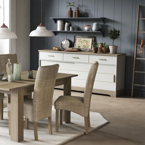 Buffet 2 Portes Coulissantes 3 Tiroirs L200 Cm - Décor Blanc Et Chêne