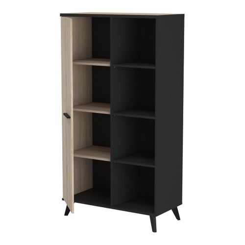 Buffet Haut 1 Porte 4 Niches L83 X H153,9 Cm - Décor Chêne Et Noir