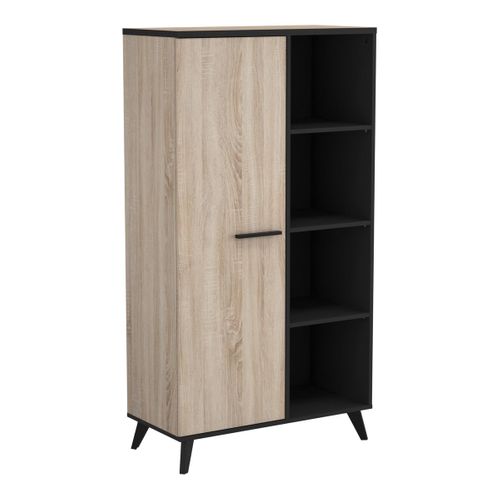 Buffet Haut 1 Porte 4 Niches L83 X H153,9 Cm - Décor Chêne Et Noir