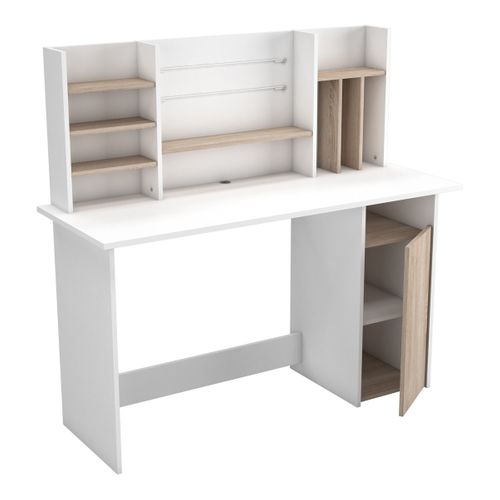 Bureau Avec Surmeuble Et Rangements L134,8 Cm - Décor Bois Et Blanc