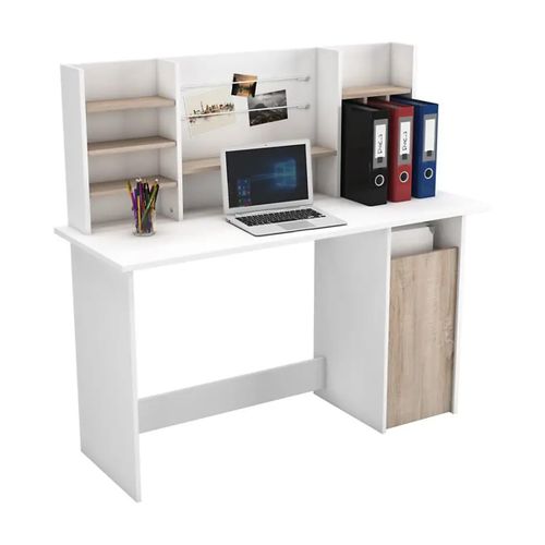 Bureau Avec Surmeuble Et Rangements L134,8 Cm - Décor Bois Et Blanc