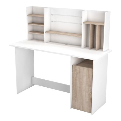Bureau Avec Surmeuble Et Rangements L134,8 Cm - Décor Bois Et Blanc