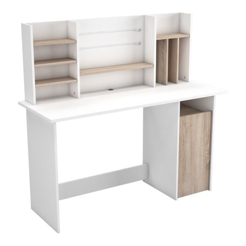 Bureau Avec Surmeuble Et Rangements L134,8 Cm - Décor Bois Et Blanc
