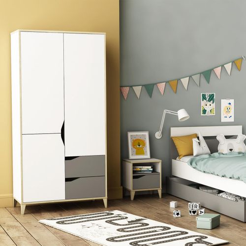 Armoire 3 Portes 2 Tiroirs Avec Penderie L89 Cm  - Gris Et Blanc