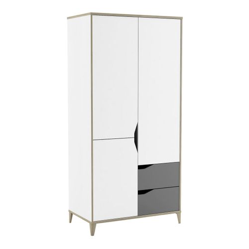 Armoire 3 Portes 2 Tiroirs Avec Penderie L89 Cm  - Gris Et Blanc