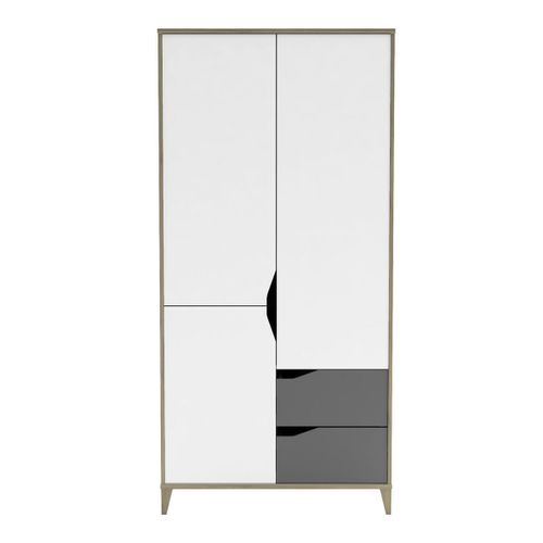 Armoire 3 Portes 2 Tiroirs Avec Penderie L89 Cm  - Gris Et Blanc
