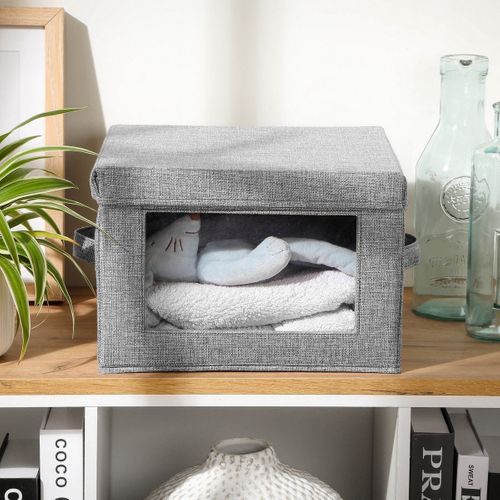 Boîte Rangement Tissu Effet Lin Gris Et Fenêtre Transparente - L40 Cm