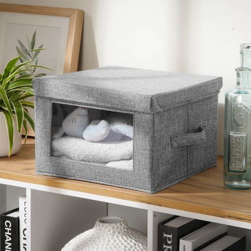Boîte Rangement Tissu Effet Lin Gris Et Fenêtre Transparente - L40 Cm