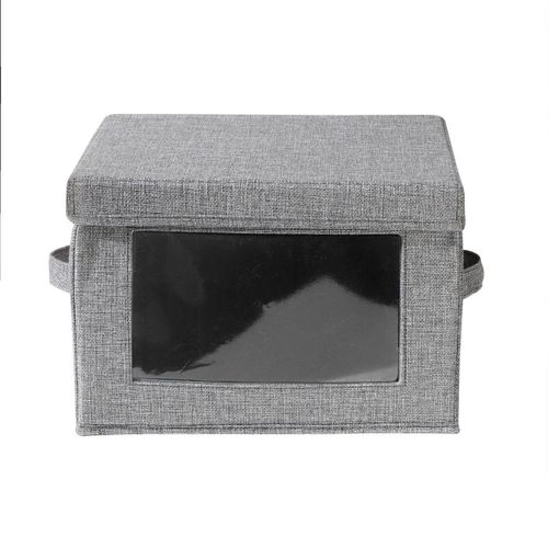 Boîte Rangement Tissu Effet Lin Gris Et Fenêtre Transparente - L40 Cm
