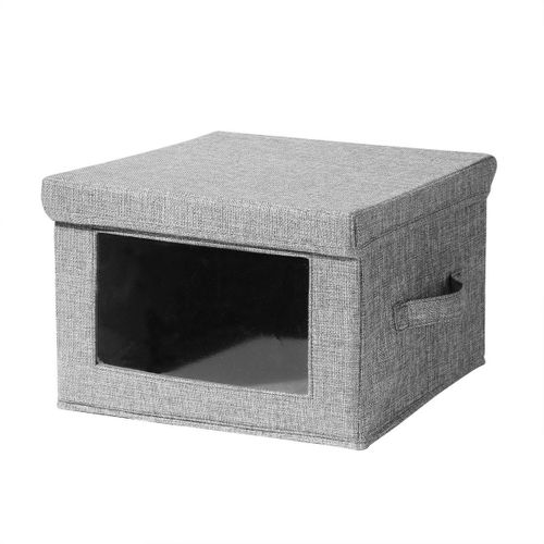 Boîte Rangement Tissu Effet Lin Gris Et Fenêtre Transparente - L40 Cm