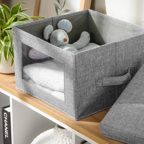 Boîte Rangement Tissu Effet Lin Gris Et Fenêtre Transparente - L40 Cm