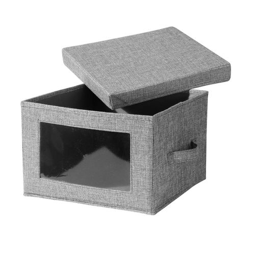 Boîte Rangement Tissu Effet Lin Gris Et Fenêtre Transparente - L40 Cm