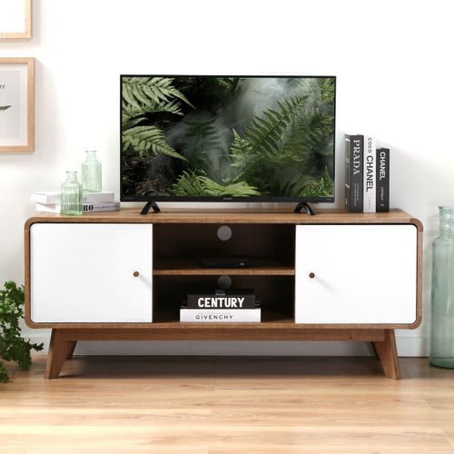 Meuble TV 2 Portes Décor Bois Et Blanc - L128,5 Cm