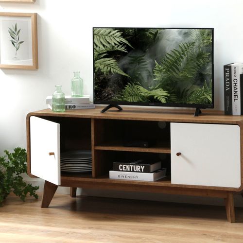 Meuble TV 2 Portes Décor Bois Et Blanc - L128,5 Cm