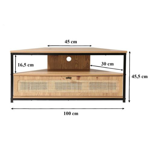 Meuble TV D'angle 1 Porte Avec Cannage Rotin L100cm
