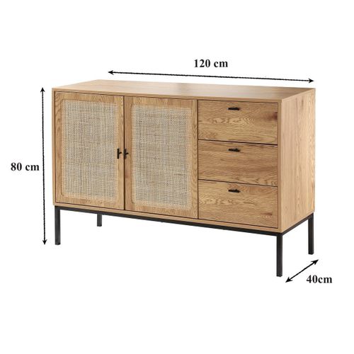 Buffet 2 Portes Et 3 Tiroirs Décor Bois Et Rotin - L120 Cm