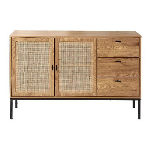 Buffet 2 Portes Et 3 Tiroirs Décor Bois Et Rotin - L120 Cm