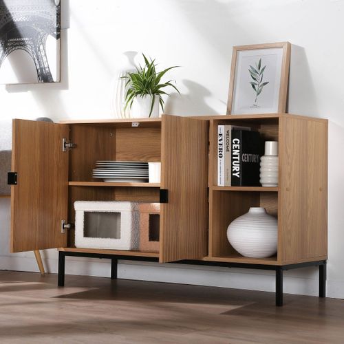 Buffet 2 Portes 2 Niches Ouvertes Effet Bois Rainuré L110 Cm