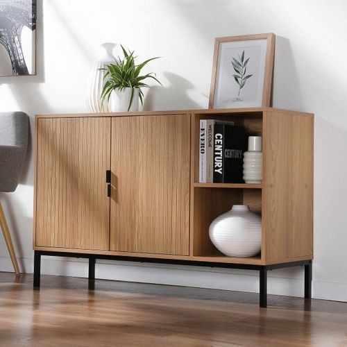 Buffet 2 Portes 2 Niches Ouvertes Effet Bois Rainuré L110 Cm