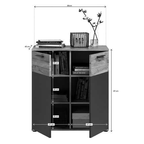 Buffet 2 Portes Gris Anthracite Et Chêne Nox L80 Cm