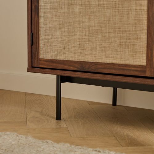 Buffet 3 Portes Décor Noyer Et Façades Tissu L140 Cm